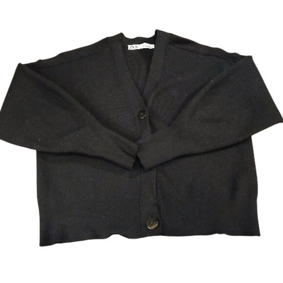 ZARA Black Ribbed Button Knit Crop Balloon Sleeve Cardigan - Picture 6 of 9